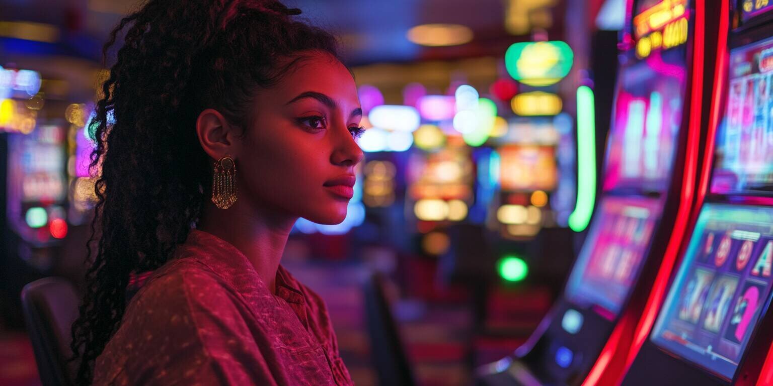 Young woman in the lively DK444 casino environment, filled with neon lights and slot machines